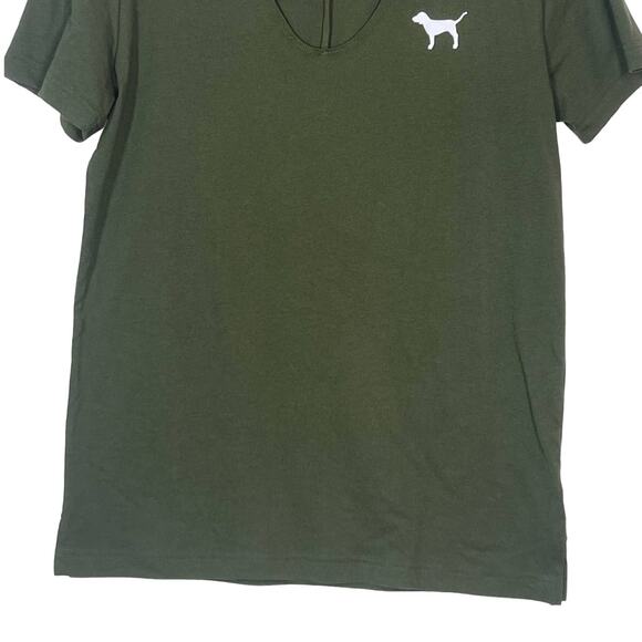 PINK Victoria's Secret Logo Open Neck Olive Green Shirt Top Women's XS - Picture 4 of 8